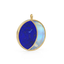 Load image into Gallery viewer, HUGE 14k Solid Yellow Gold, Lapis Lazuli Moonstone, Natural Moonstone Pendant, Crescent Moon Night Sky carved , Cabochon, Big Half Moon