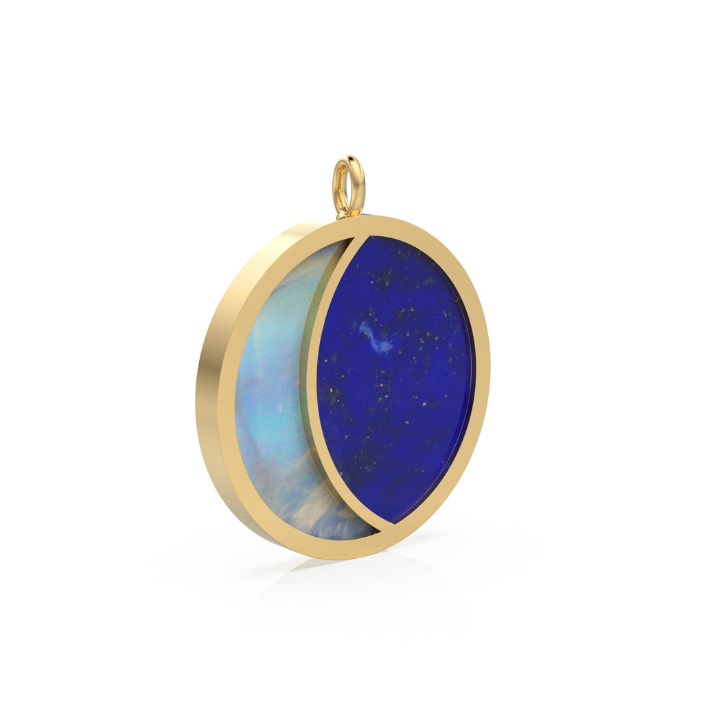 HUGE 14k Solid Yellow Gold, Lapis Lazuli Moonstone, Natural Moonstone Pendant, Crescent Moon Night Sky carved , Cabochon, Big Half Moon