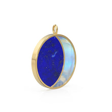 Load image into Gallery viewer, HUGE 14k Solid Yellow Gold, Lapis Lazuli Moonstone, Natural Moonstone Pendant, Crescent Moon Night Sky carved , Cabochon, Big Half Moon