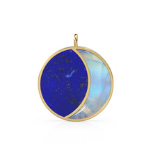 Load image into Gallery viewer, HUGE 14k Solid Yellow Gold, Lapis Lazuli Moonstone, Natural Moonstone Pendant, Crescent Moon Night Sky carved , Cabochon, Big Half Moon