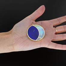 Load image into Gallery viewer, HUGE 14k Solid Yellow Gold, Lapis Lazuli Moonstone, Natural Moonstone Pendant, Crescent Moon Night Sky carved , Cabochon, Big Half Moon