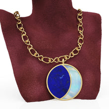 Load image into Gallery viewer, HUGE 14k Solid Yellow Gold, Lapis Lazuli Moonstone, Natural Moonstone Pendant, Crescent Moon Night Sky carved , Cabochon, Big Half Moon