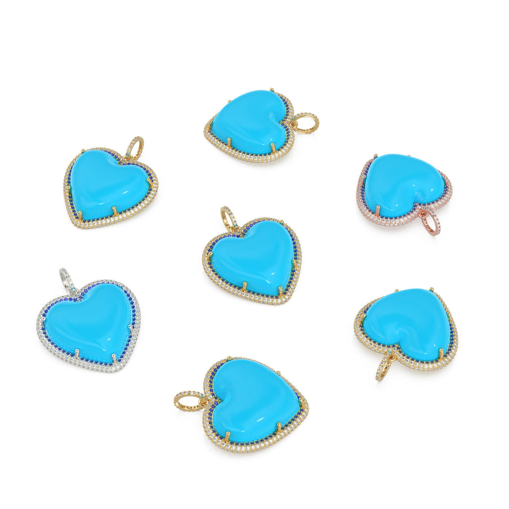 14K Solid Gold, Diamonds, Sapphires, Sleeping Beauty Turquoise, Jumbo Heart Charm Pendant