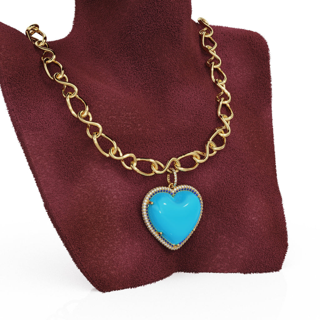 14K Solid Gold, Diamonds, Sapphires, Sleeping Beauty Turquoise, Jumbo Heart Charm Pendant