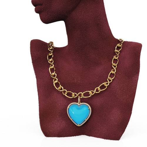 14K Solid Gold, Diamonds, Sapphires, Sleeping Beauty Turquoise, Jumbo Heart Charm Pendant - Jalvi & Co. 