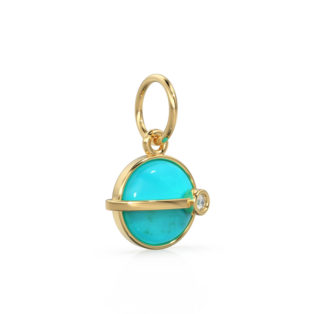 Saturn Turquoise Cabochon 14k Gold Charm / Sleeping Beauty Blue Gemstone Diamond Gold Pendant / 14k Solid Yellow Gold Jewelry Making Finding