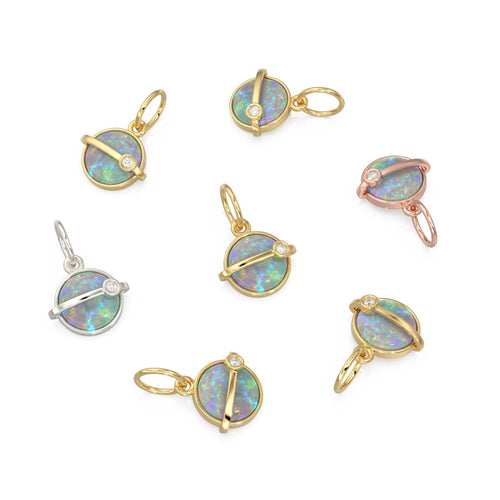 Saturn Australian Opal Cabochon 14k Gold Charm / Rainbow Fire Gemstone Diamond Gold Pendant / 14k Solid Yellow Gold Jewelry Making Finding - Jalvi & Co. 