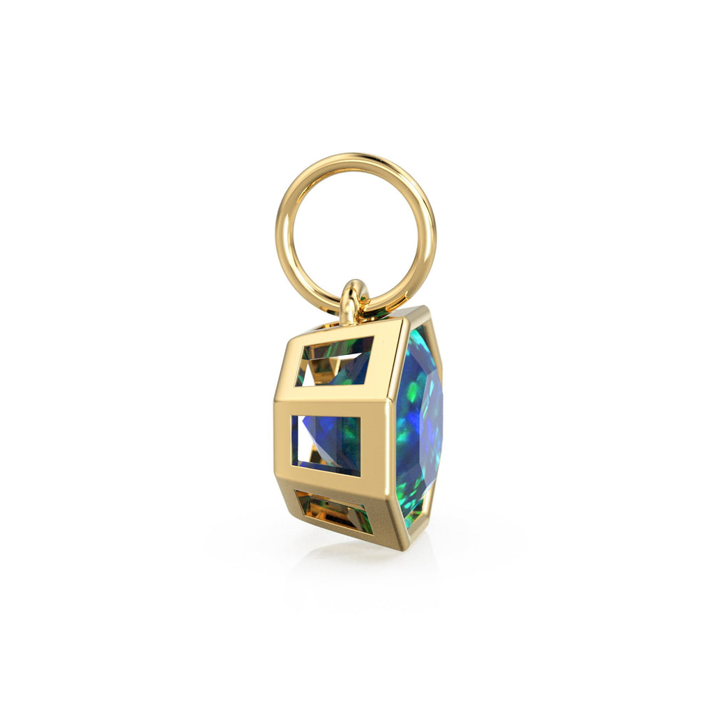 8mm 14k Octagon Black Australian Opal Yellow Solid Gold Charm Pendant Bezel Jewelry Finding Charm for Necklace - Jalvi & Co. 