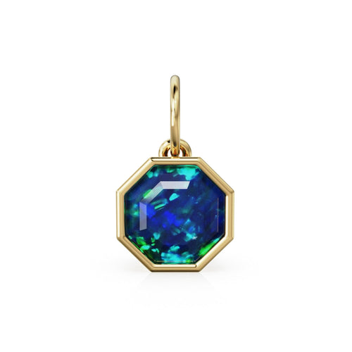 8mm 14k Octagon Black Australian Opal Yellow Solid Gold Charm Pendant Bezel Jewelry Finding Charm for Necklace - Jalvi & Co. 
