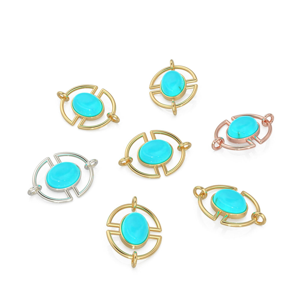 13mmx15mm 18k Solid Gold Gemstone Connector With 8mm Sleeping Beauty Blue Turquoise Cabochon Bezel