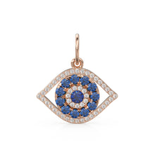 Load image into Gallery viewer, 14x17mm Blue Sapphire Diamond 14k 18k Solid Gold Charm Pendant, Evil Eye Charm, Gold Charm Finding, Egyptian Solid Gold Pendant Video