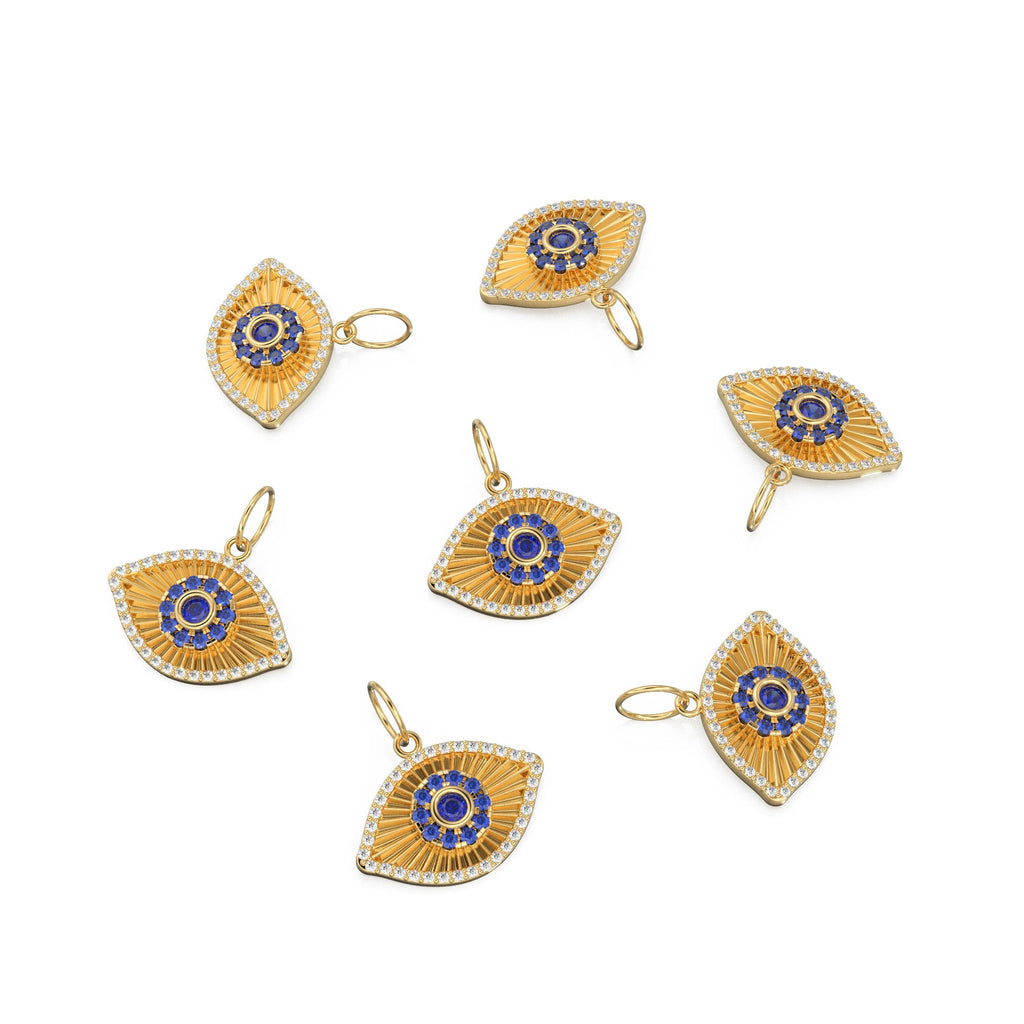 19x15mm Blue Sapphire Diamond 14k Matte Solid Gold Charm Pendant, 18k Evil Eye Charm, Gold Charm Finding, Egyptian Solid Gold Pendant