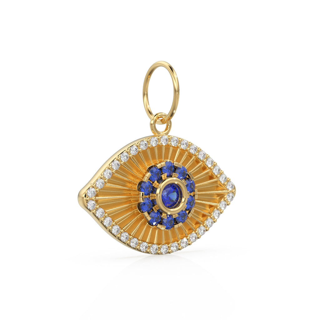 19x15mm Blue Sapphire Diamond 14k Matte Solid Gold Charm Pendant, 18k Evil Eye Charm, Gold Charm Finding, Egyptian Solid Gold Pendant