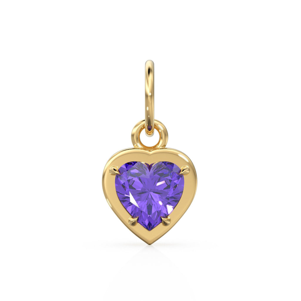 2 Sided Amethyst Puff Heart Solid Gold Charm / Natural Purple Gemstone Handmade Gold Pendant / 14k Solid Yellow Gold Jewelry Making Finding