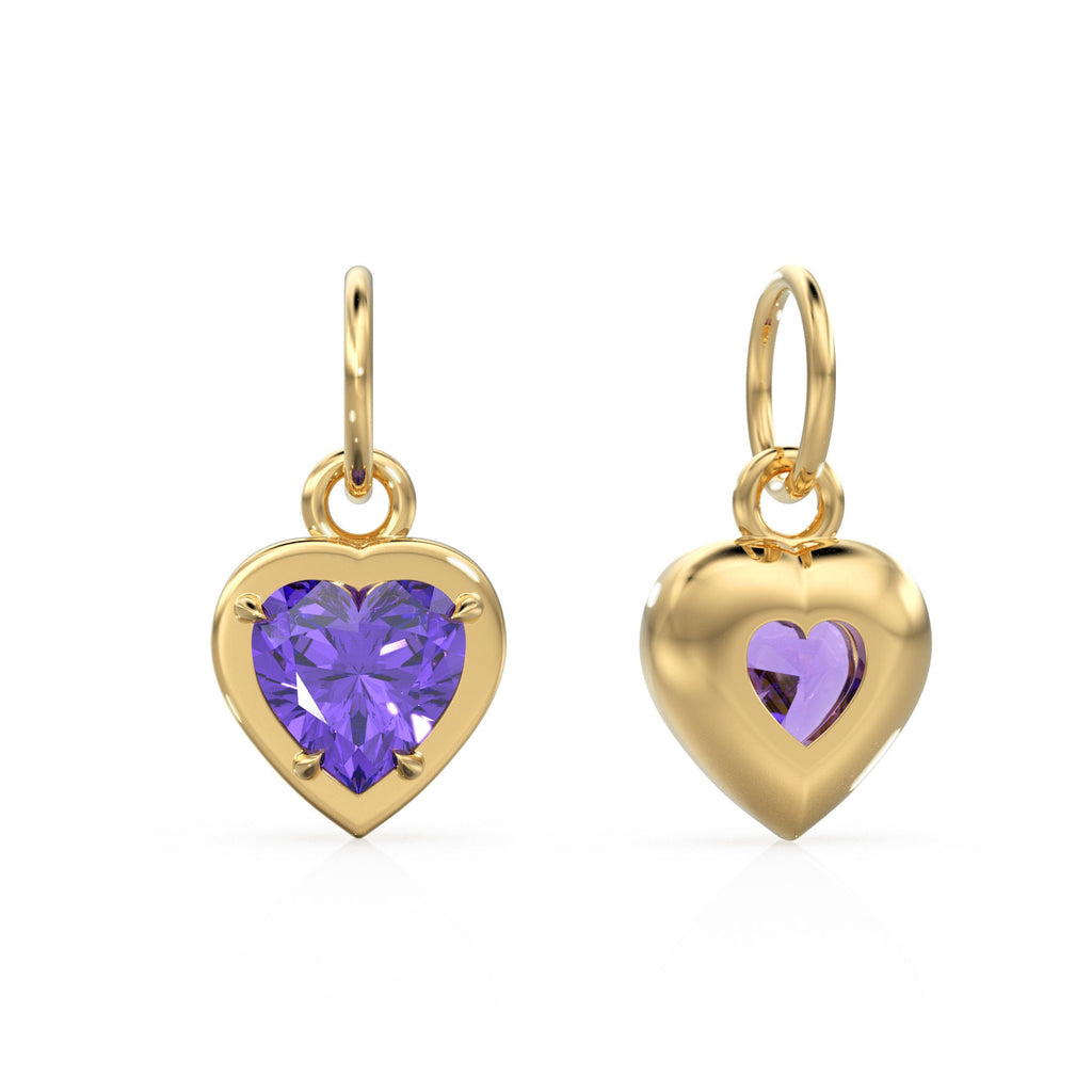 2 Sided Amethyst Puff Heart Solid Gold Charm / Natural Purple Gemstone Handmade Gold Pendant / 14k Solid Yellow Gold Jewelry Making Finding