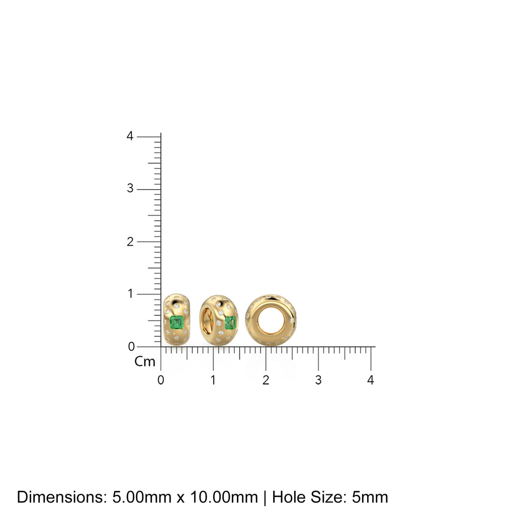 14k Gold Roundel Emerald Spacer Charm, Dotted Diamond Emerald Square Charm Holder, Eternity Round Emerald Band Connector, May Birthstone