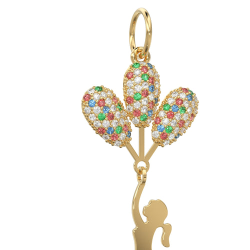 14k Solid Gold Girl Holding Flying Balloons Necklace / Gold Flying Girl Four Colorful Balloons Necklace / Diamond Ruby Emerald Sapphire - Jalvi & Co. 