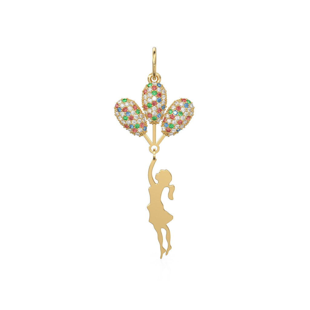 14k Solid Gold Girl Holding Flying Balloons Necklace / Gold Flying Girl Four Colorful Balloons Necklace / Diamond Ruby Emerald Sapphire