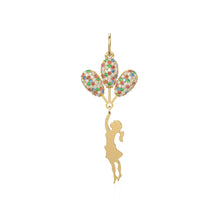 Load image into Gallery viewer, 14k Solid Gold Girl Holding Flying Balloons Necklace / Gold Flying Girl Four Colorful Balloons Necklace / Diamond Ruby Emerald Sapphire