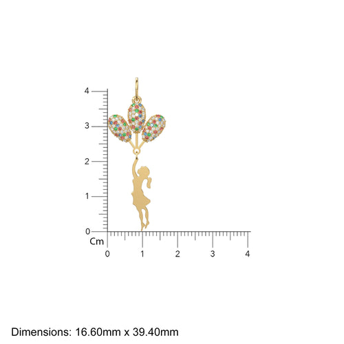 14k Solid Gold Girl Holding Flying Balloons Necklace / Gold Flying Girl Four Colorful Balloons Necklace / Diamond Ruby Emerald Sapphire - Jalvi & Co. 