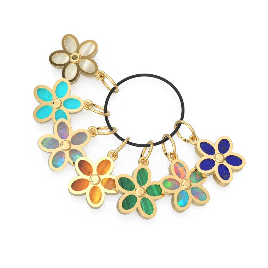 14K Solid Gold, Gemstone, Amethyst, Malachite, Coral, Turquoise, Inlay Daisy flower charm pendants, Tigers Eye , Australian Opal Necklace