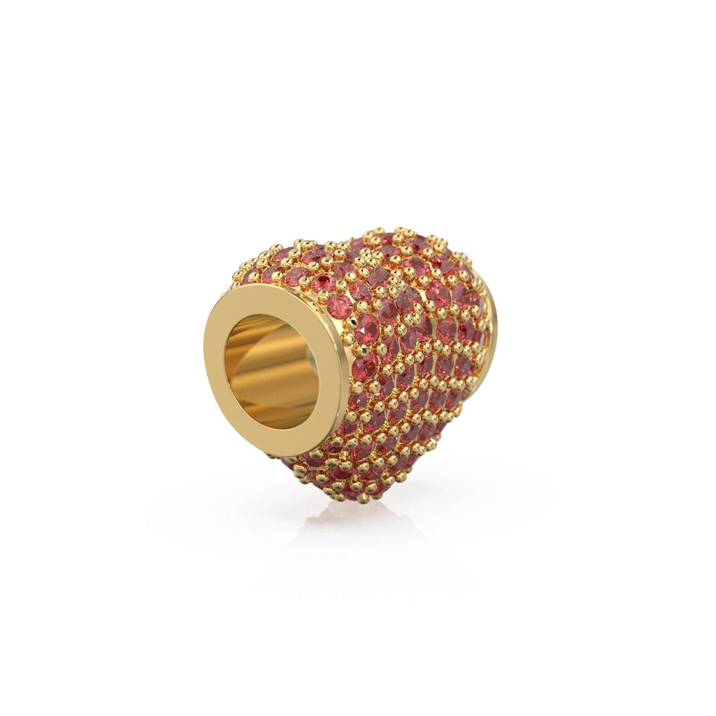 12.3mm Heart Pave Red Ruby Solid Gold Spacer Beads / Large Hole 4.6mm Love Ruby 18k Gold Heart Bead Finding Spacer St Patricks Day
