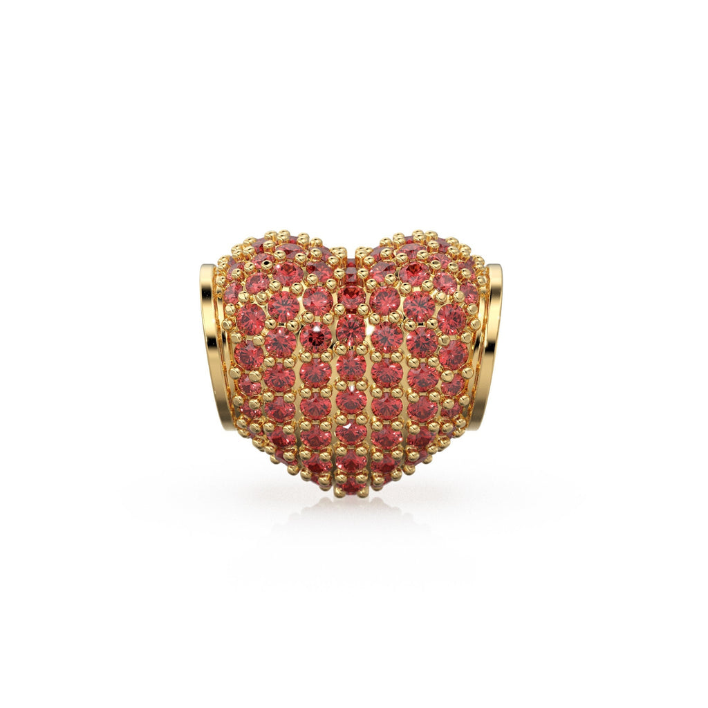 12.3mm Heart Pave Red Ruby Solid Gold Spacer Beads / Large Hole 4.6mm Love Ruby 18k Gold Heart Bead Finding Spacer