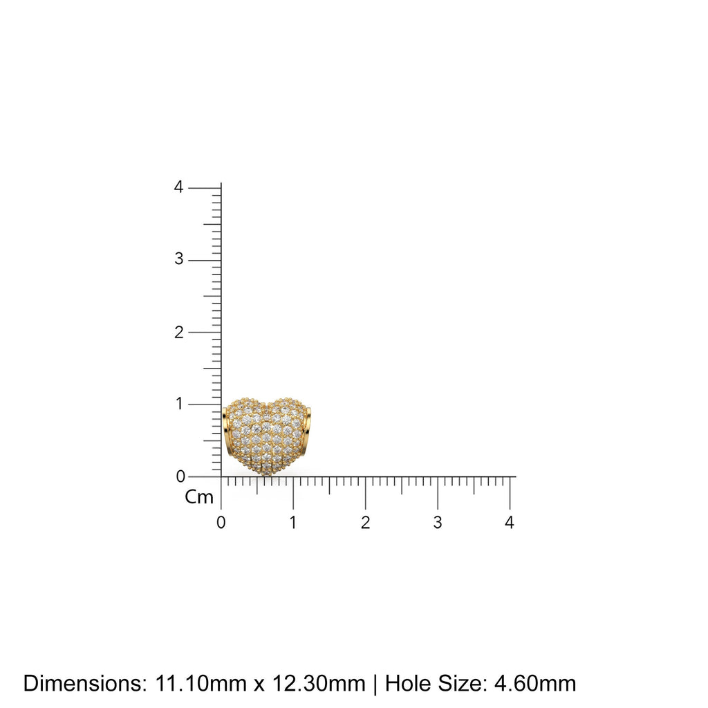 12.3mm Heart Pave Diamond Solid Gold Spacer Beads / Large Hole 4.6mm Love Diamond 18k Gold Heart Bead Finding Spacer / Diamond European