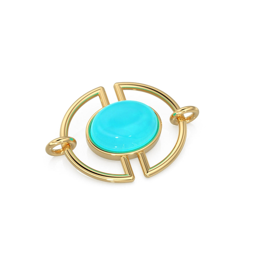 13mmx15mm 18k Solid Gold Gemstone Connector With 8mm Sleeping Beauty Blue Turquoise Cabochon Bezel