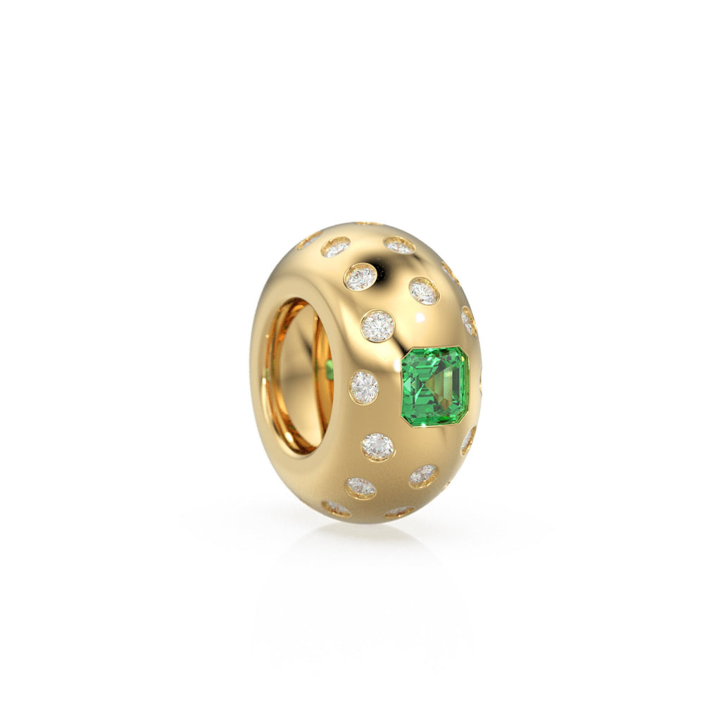 14k Gold Roundel Emerald Spacer Charm, Dotted Diamond Emerald Square Charm Holder, Eternity Round Emerald Band Connector, May Birthstone