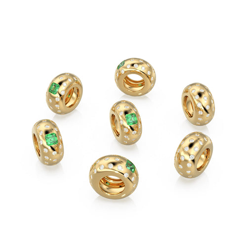 14k Gold Roundel Emerald Spacer Charm, Dotted Diamond Emerald Square Charm Holder, Eternity Round Emerald Band Connector, May Birthstone - Jalvi & Co. 