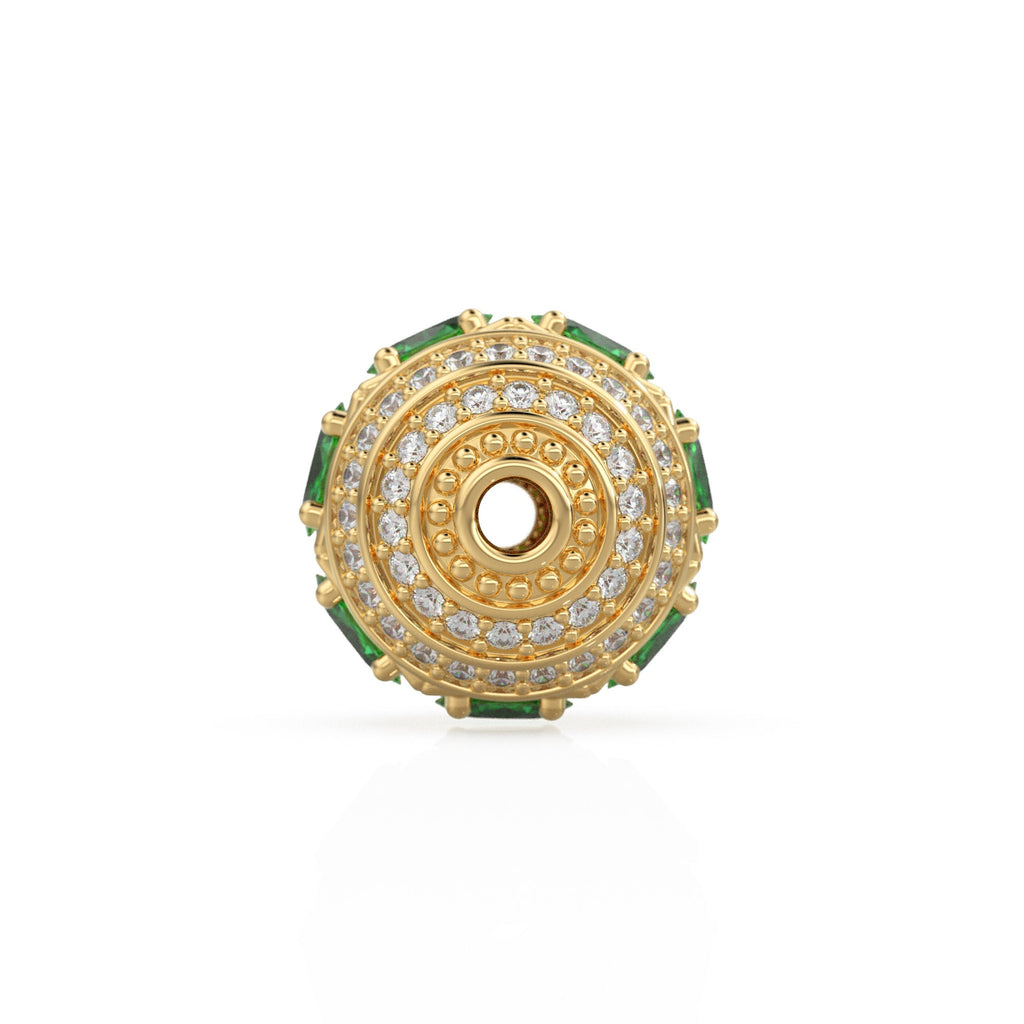 Green Emerald and Diamond 18k Solid Gold Tribal Look Spacer Finding Bead, Diamond Emerald Pave Bead, Diamond Finding, Solid Gold Bead 12mm