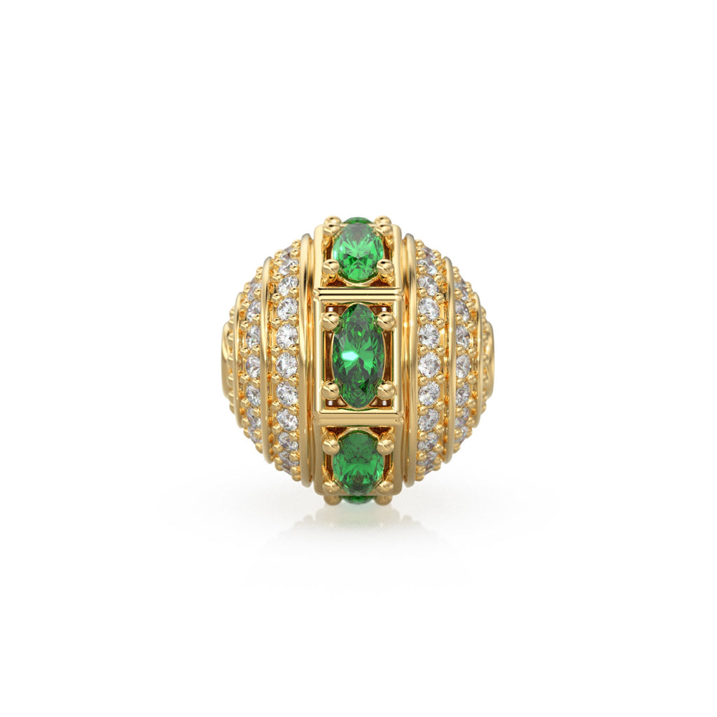 Green Emerald and Diamond 18k Solid Gold Tribal Look Spacer Finding Bead, Diamond Emerald Pave Bead, Diamond Finding, Solid Gold Bead 12mm