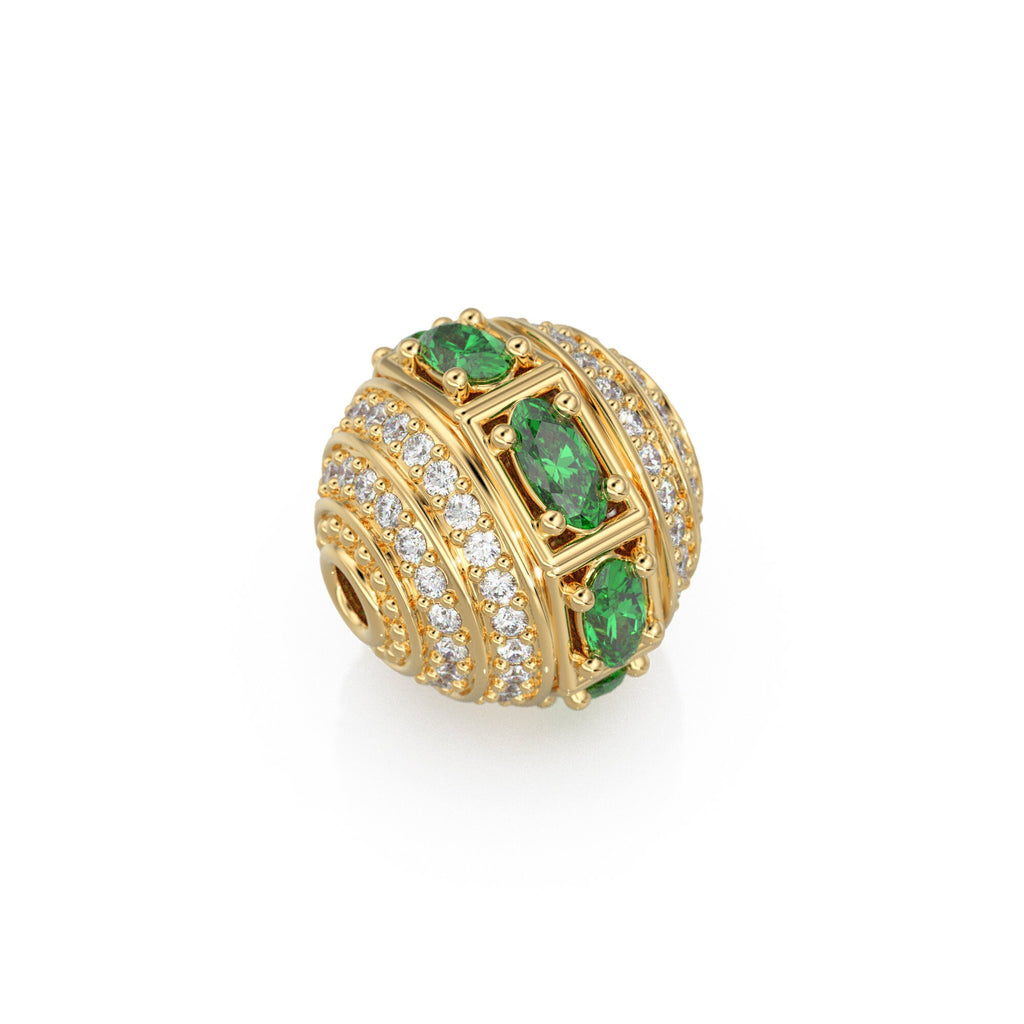 Green Emerald and Diamond 18k Solid Gold Tribal Look Spacer Finding Bead, Diamond Emerald Pave Bead, Diamond Finding, Solid Gold Bead 12mm