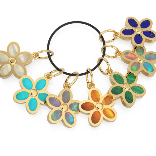 14K Solid Gold, Gemstone, Amethyst, Malachite, Coral, Turquoise, Inlay Daisy flower charm pendants, Tigers Eye , Australian Opal Necklace - Jalvi & Co. 
