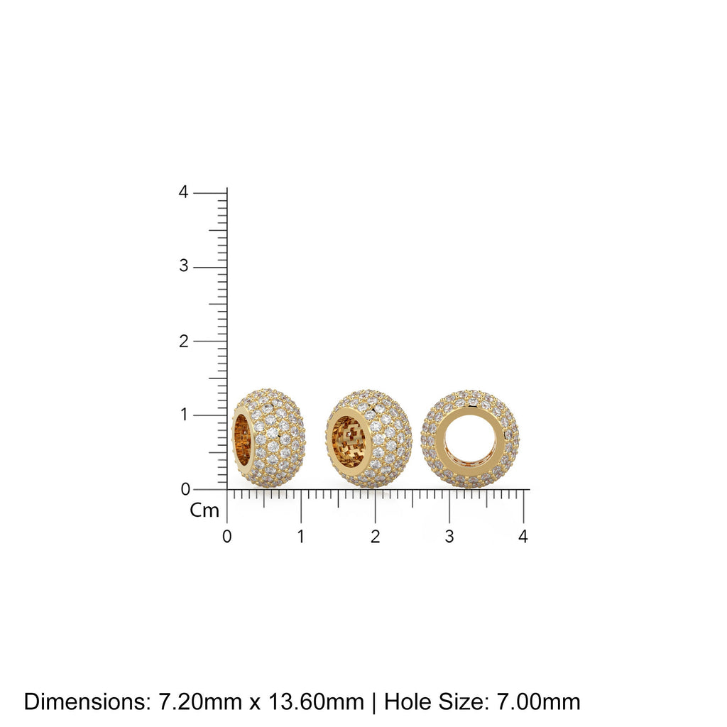 13.6mm 5 Row Dome 18k Solid Yellow Gold Diamond Eternity Rondelle Wheel Bead Pave / Large Hole 7mm Diamond Gold Rondelle Bead Finding Spacer