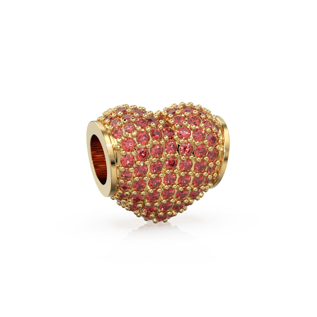 12.3mm Heart Pave Red Ruby Solid Gold Spacer Beads / Large Hole 4.6mm Love Ruby 18k Gold Heart Bead Finding Spacer