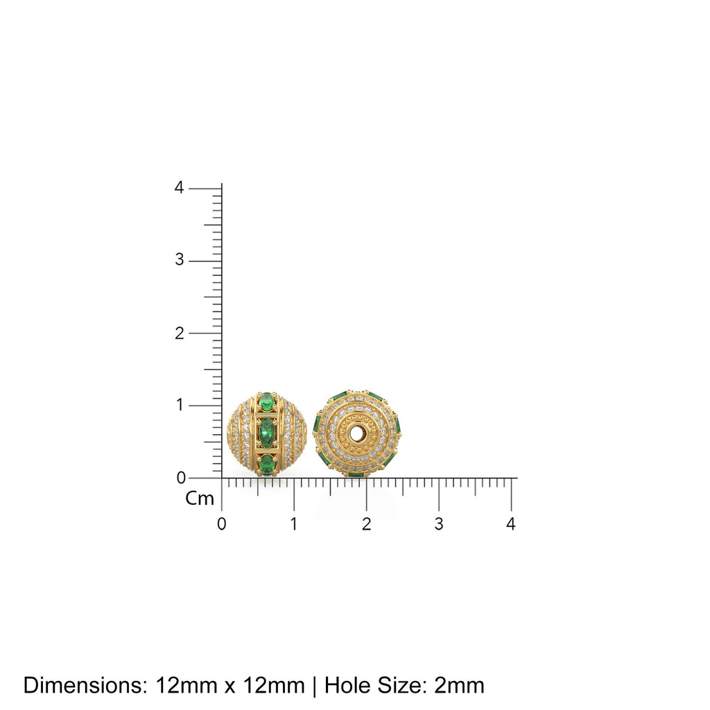 Green Emerald and Diamond 18k Solid Gold Tribal Look Spacer Finding Bead, Diamond Emerald Pave Bead, Diamond Finding, Solid Gold Bead 12mm