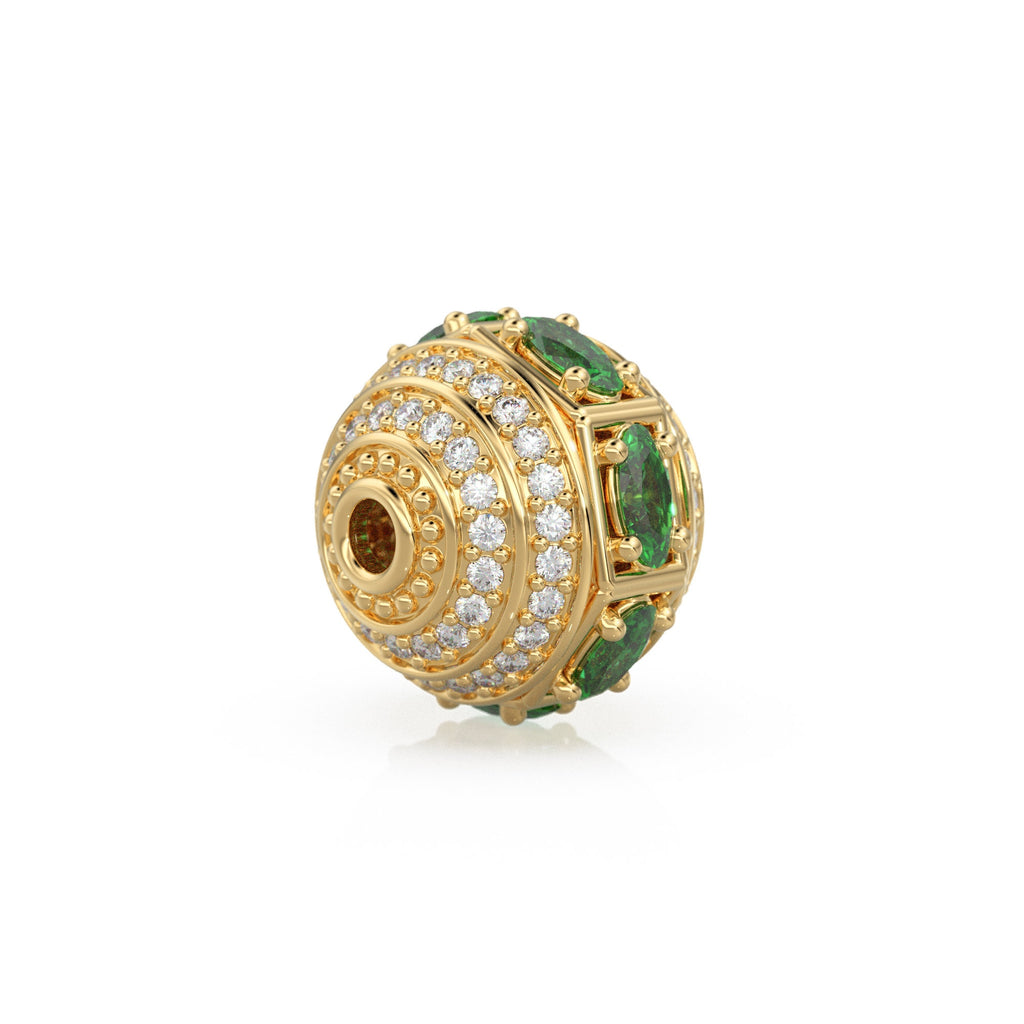 Green Emerald and Diamond 18k Solid Gold Tribal Look Spacer Finding Bead, Diamond Emerald Pave Bead, Diamond Finding, Solid Gold Bead 12mm