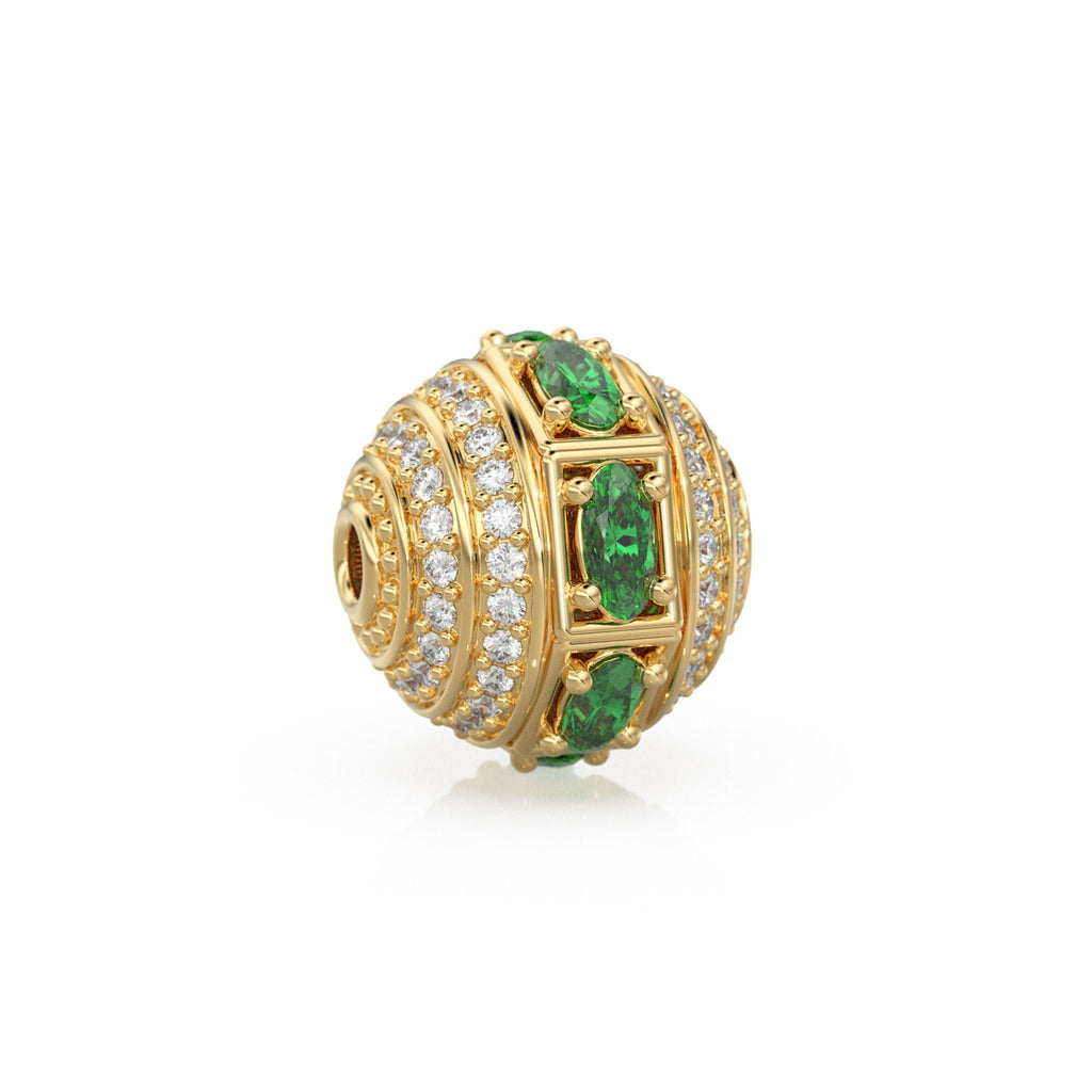 Green Emerald and Diamond 18k Solid Gold Tribal Look Spacer Finding Bead, Diamond Emerald Pave Bead, Diamond Finding, Solid Gold Bead 12mm