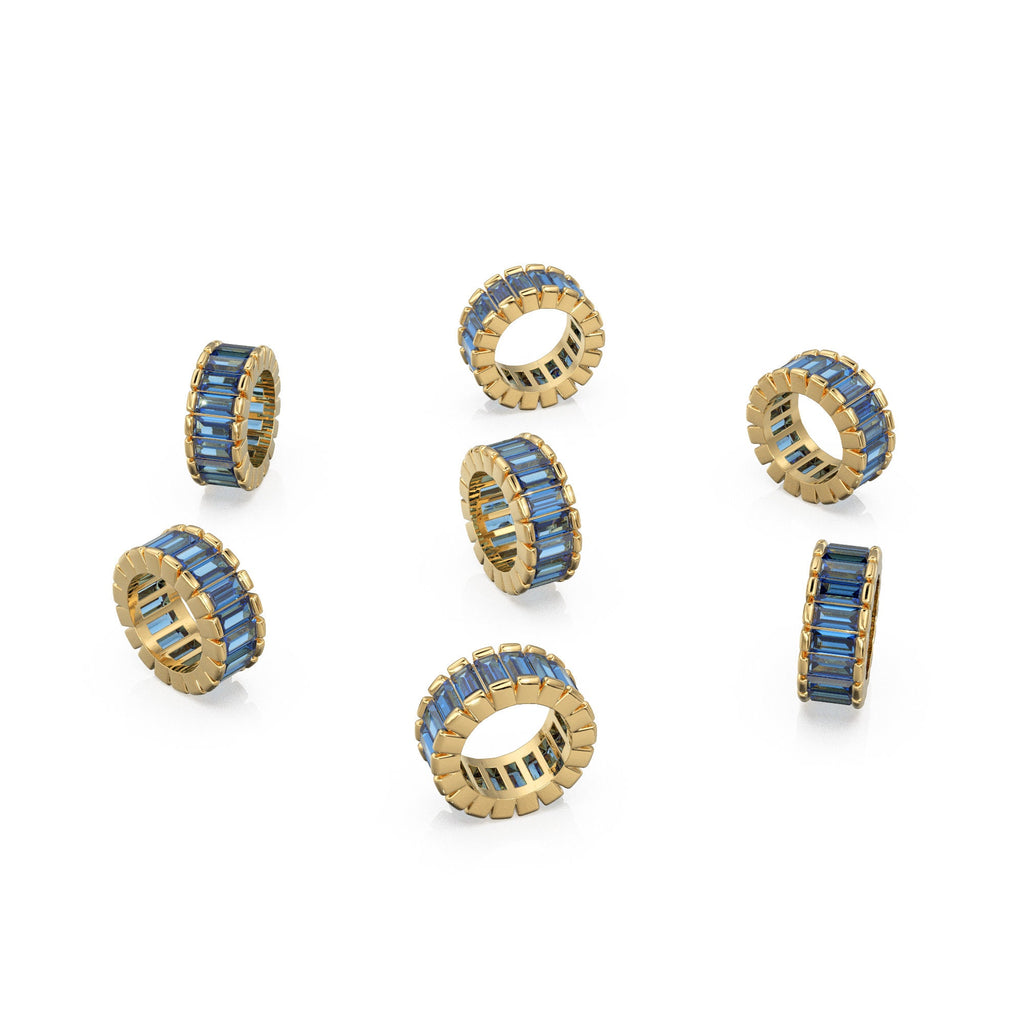 14k Real Baguette Blue Sapphire Gold Beads / Sapphire Rondelle Bead / Sapphire European Beads / Solid Gold Sapphire Enhancer Spacer Findings