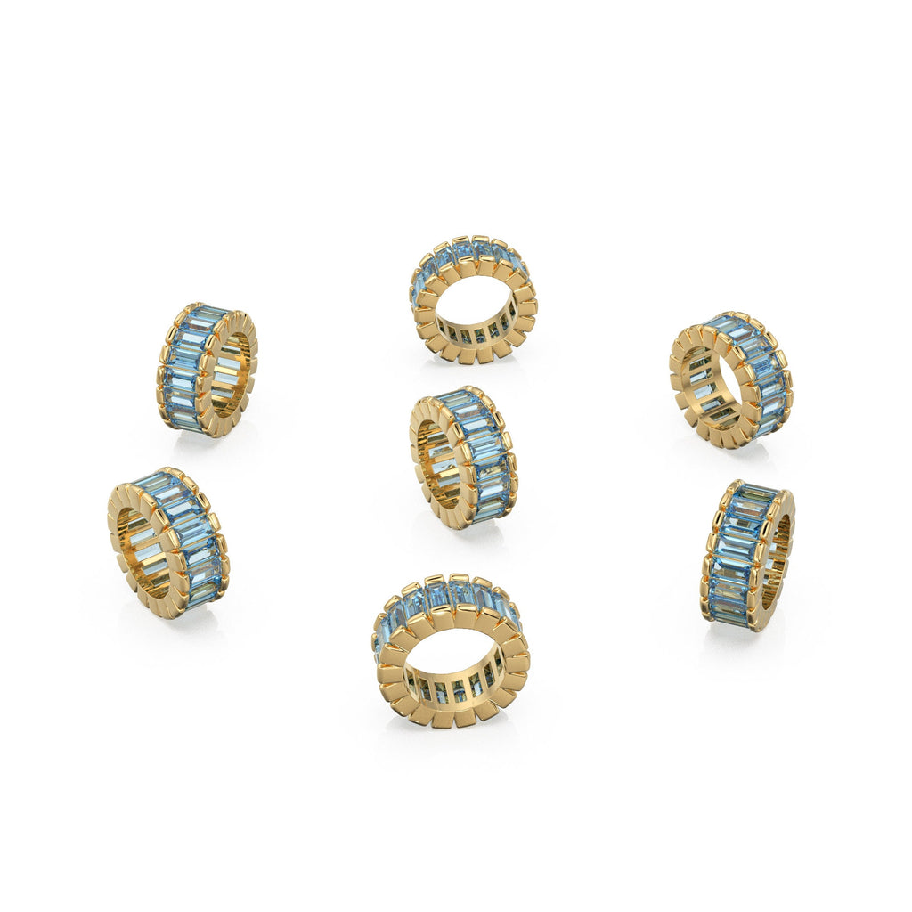 14k Real Baguette Blue Topaz Gold Bead / Blue Topaz Rondelle Bead / Blue Topaz European Bead / Solid Gold Blue Topaz Enhancer Spacer Finding