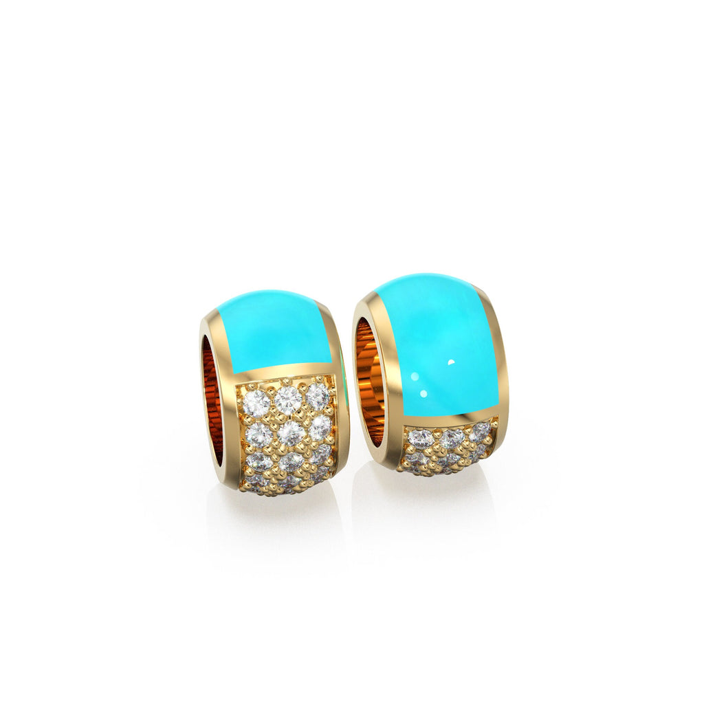 9mm Turquoise Enamel 18k Solid Yellow Gold Diamond Eternity Rondelle Wheel Bead Finding Spacer / Gold Rondelle Bead / Pave Diamond Finding