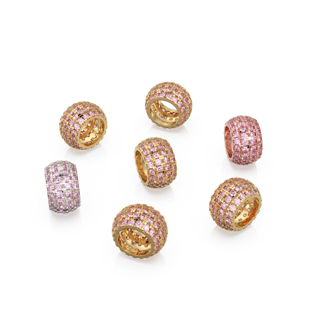 14K Large Solid Italian Gold Pink Tourmaline Rondels, Charm Roundel, Tourmaline , Enhancer Charm, Pave set Tourmaline, October spacer charms