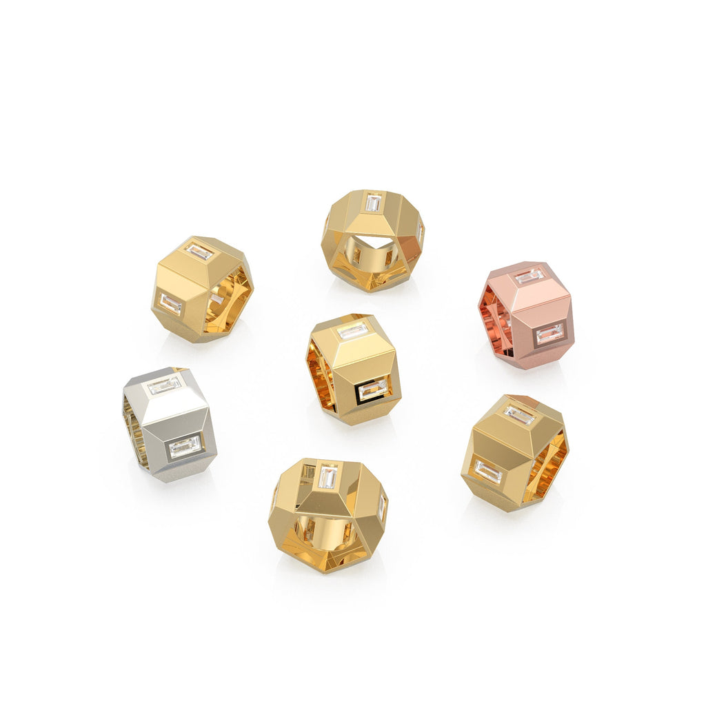 11mm Hexagonal Prism Baguette Diamond 14k Solid Gold Beads, Faceted Geometric Spacer Finding, Solid Gold Diamond Finding Beads