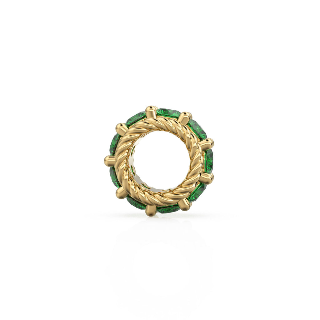 10mm 14k Gold Roundel Green Emerald Charm, Green Emerald Wheel Charm, Round Charm Holder, Eternity Round Emerald Band Connector, July birth