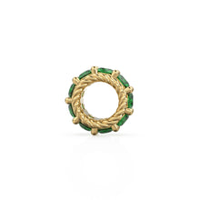 Load image into Gallery viewer, 10mm 14k Gold Roundel Green Emerald Charm, Green Emerald Wheel Charm, Round Charm Holder, Eternity Round Emerald Band Connector, July birth