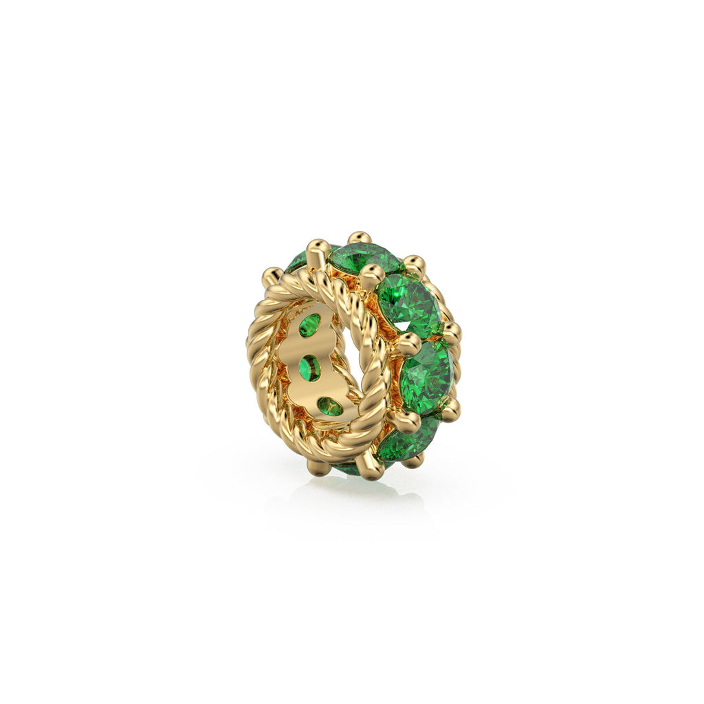 10mm 14k Gold Roundel Green Emerald Charm, Green Emerald Wheel Charm, Round Charm Holder, Eternity Round Emerald Band Connector, July birth