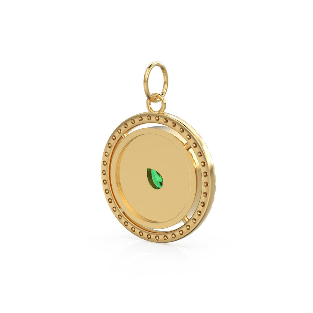 Pear Green Emerald Yellow Gold Diamond Enamel Pave Diamond Disc Charm Necklace Pendant