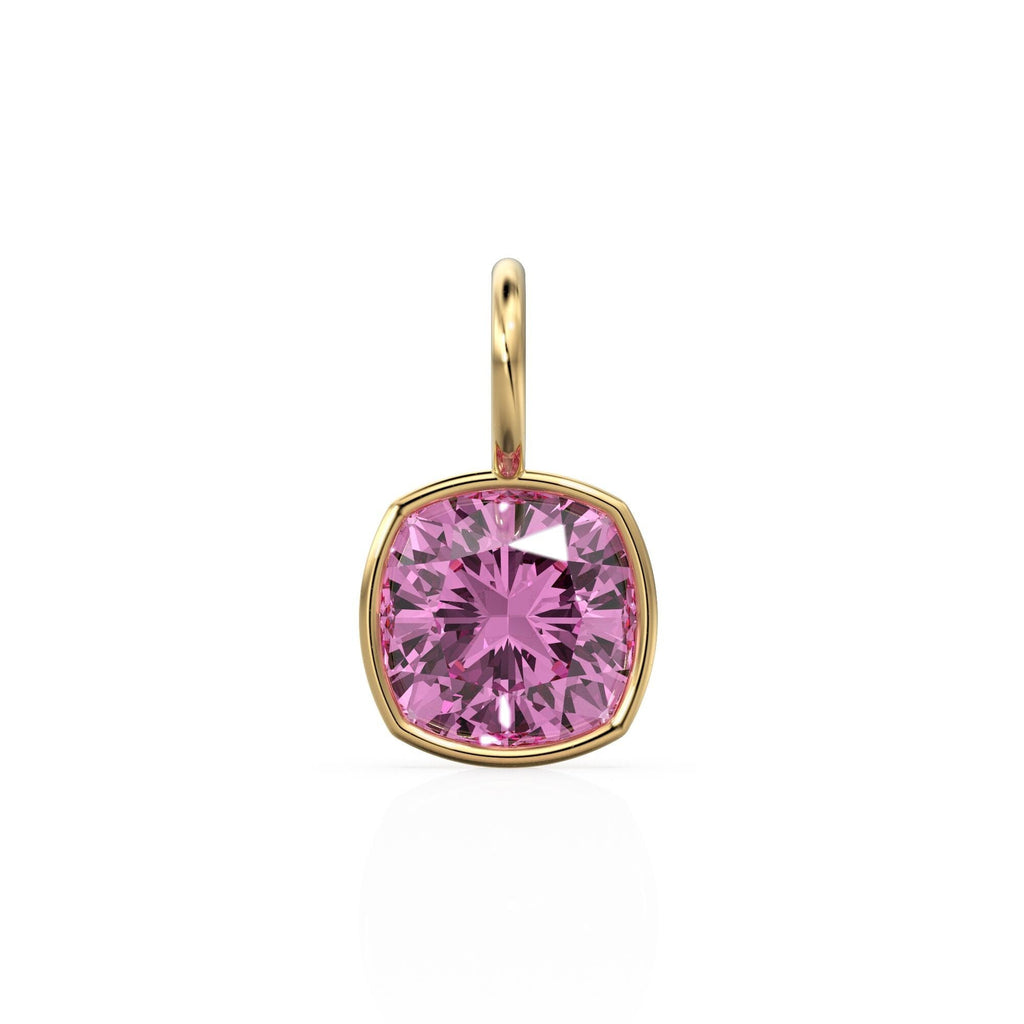 AAA Pink Tourmaline Charms 14k Yellow Solid Gold Charm Pendant Pink Cushion Gemstone Bezel 18K Gold Jewelry Finding